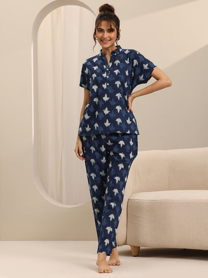 Blue Printed Cotton Night Suits