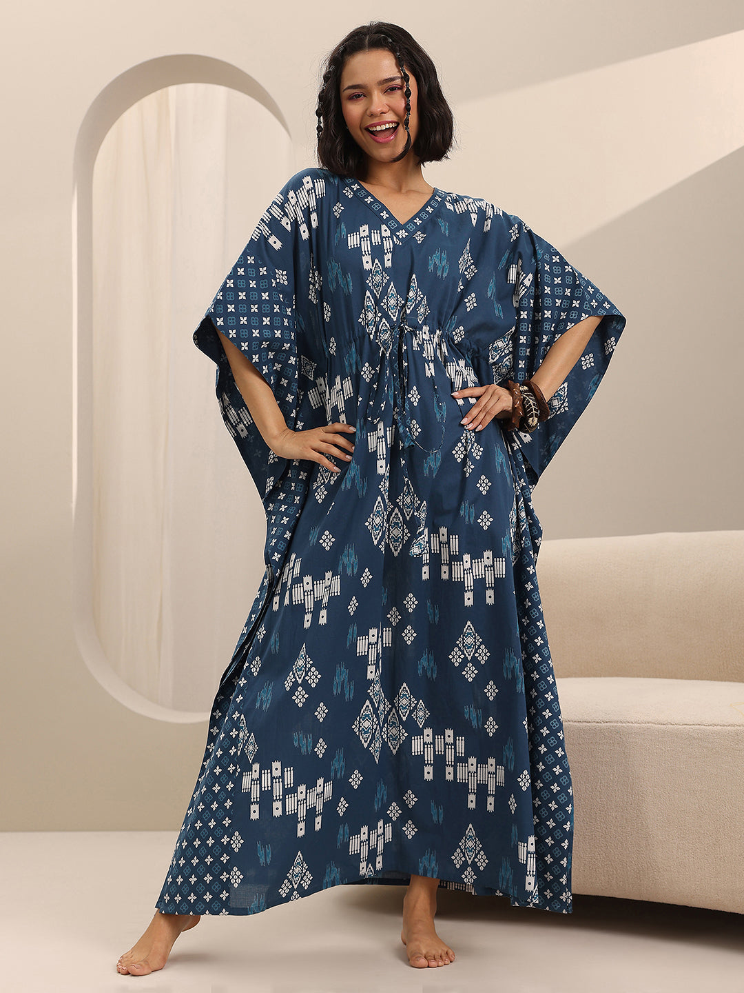 Blue Printed Cotton Kaftan Night Dress
