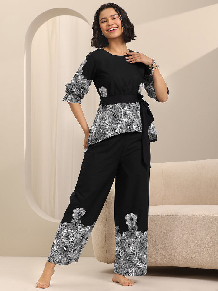 Black Printed Cotton Night Suits