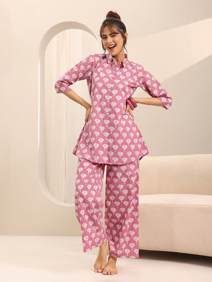Pink Printed Cotton Night Suits