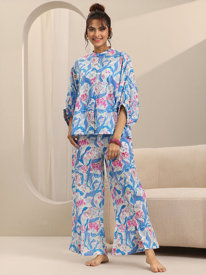 Off white Printed Cotton Night Suits
