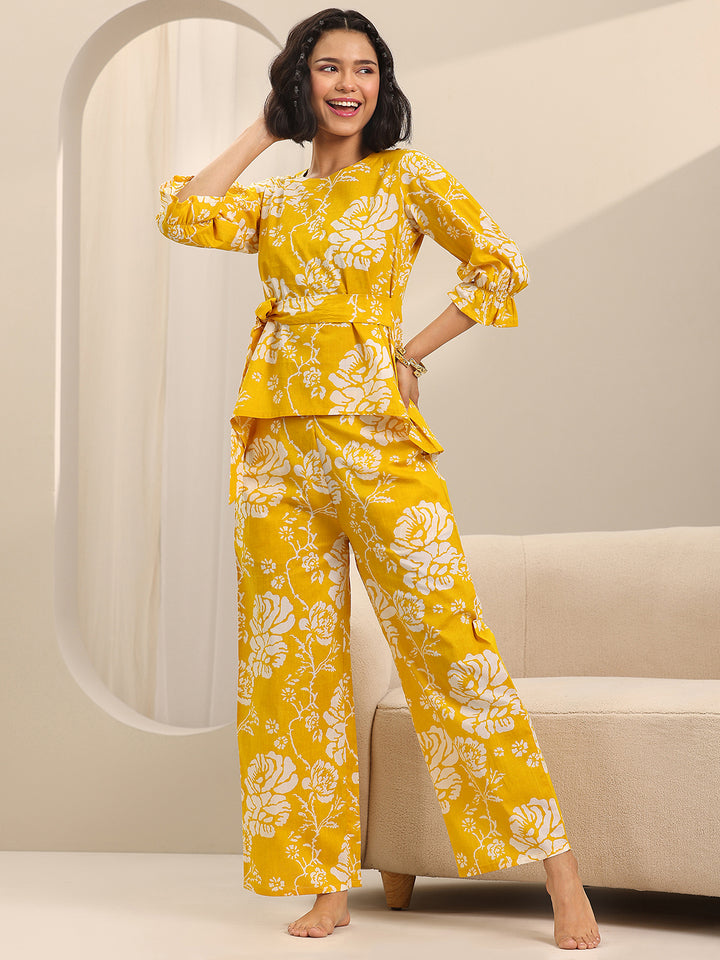 Yellow Printed Cotton Night Suits