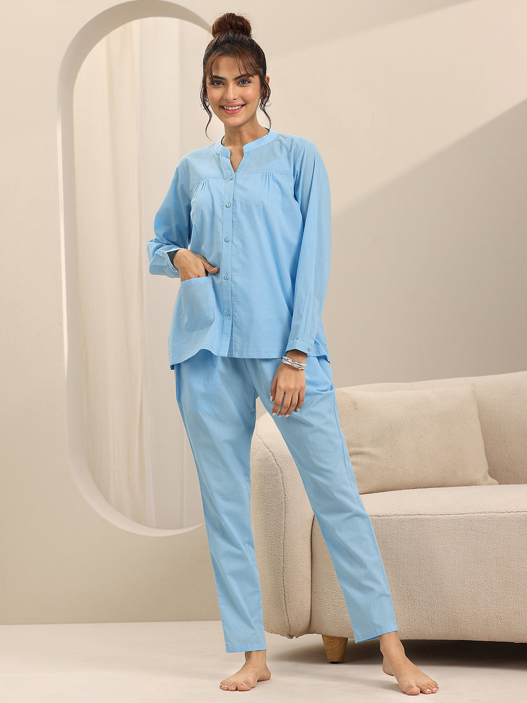 Blue Solid Cotton Night Suits