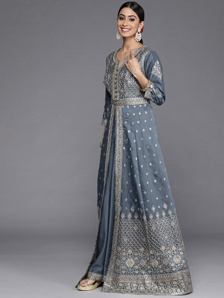 Libas Art Grey Embroidered Silk Anarkali Suit Set