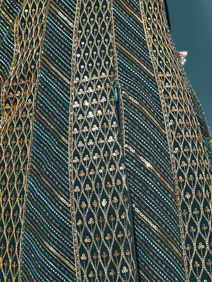 Libas Art Teal Embroidered Georgette A-Line Suit Set With Palazzos