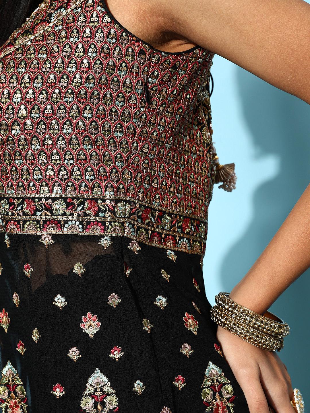 Libas Art Black Embroidered Georgette Peplum Suit Set With Palazzos - ShopLibas