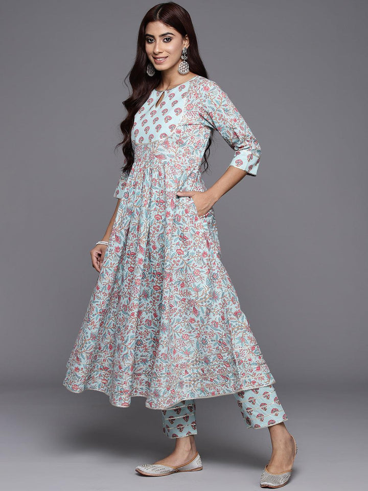 Blue Yoke Design Cotton Anarkali Suit Set With Trousers