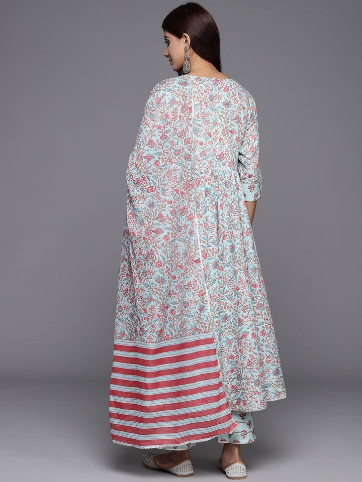 Blue Yoke Design Cotton Anarkali Suit Set With Trousers