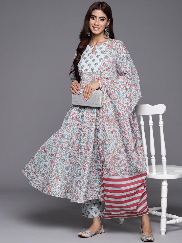 Blue Yoke Design Cotton Anarkali Suit Set With Trousers