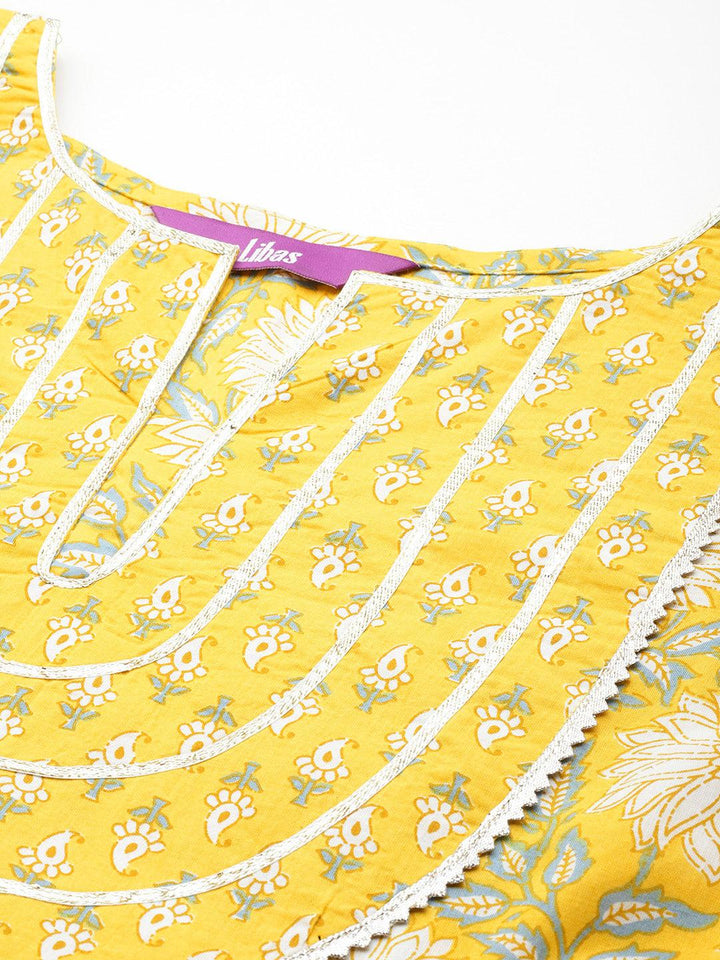 Yellow Yoke Design Cotton Anarkali Suit Set With Trousers