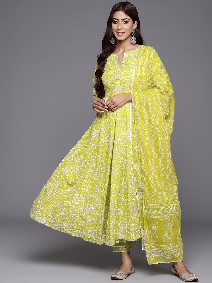 Green Yoke Design Cotton Anarkali Suit Set With Trousers