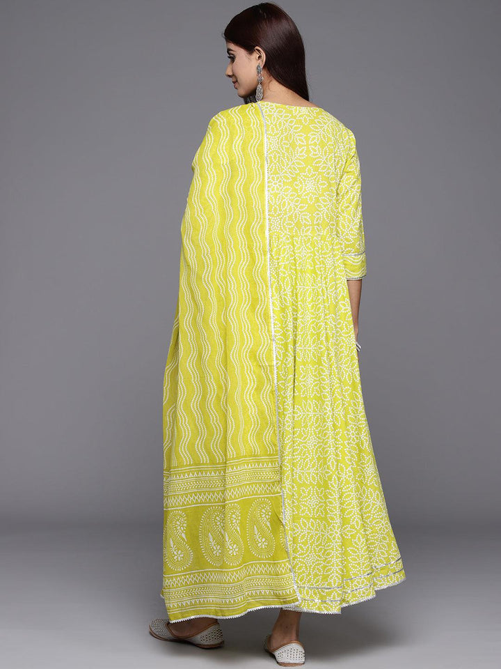 Green Yoke Design Cotton Anarkali Suit Set With Trousers