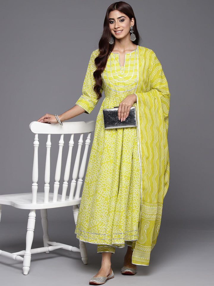 Green Yoke Design Cotton Anarkali Suit Set With Trousers