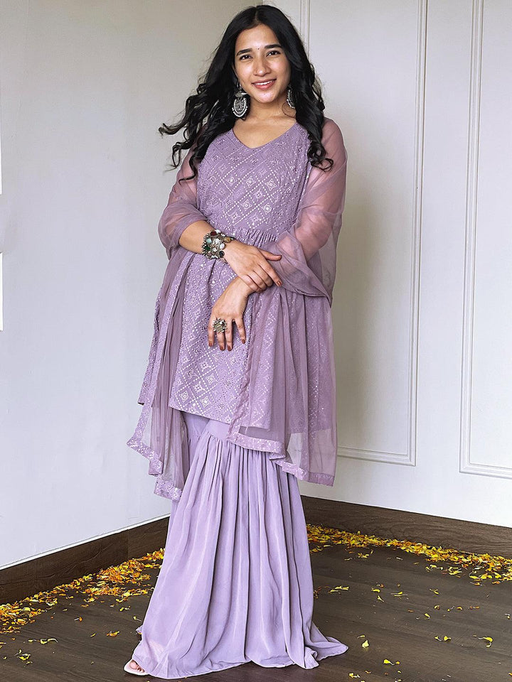 Lavender Embroidered Georgette A-Line Kurta With Sharara & Dupatta