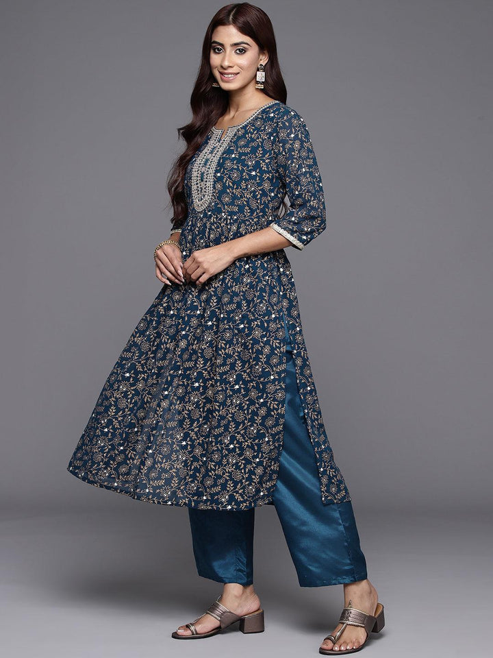 Teal Yoke Design Georgette A-Line Suit Set With Trousers