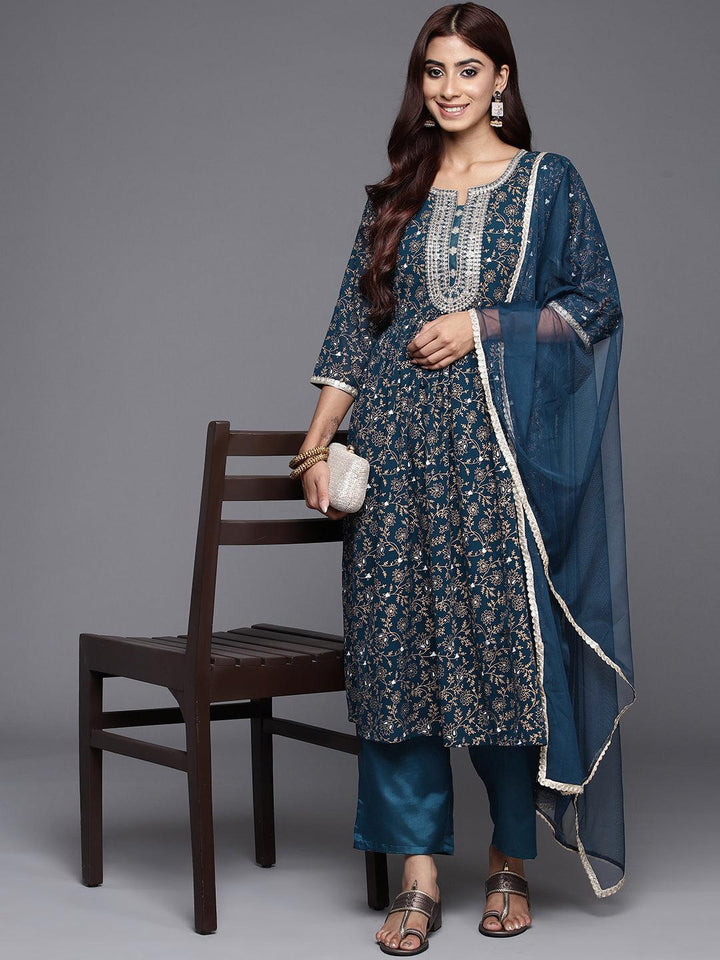 Teal Yoke Design Georgette A-Line Suit Set With Trousers