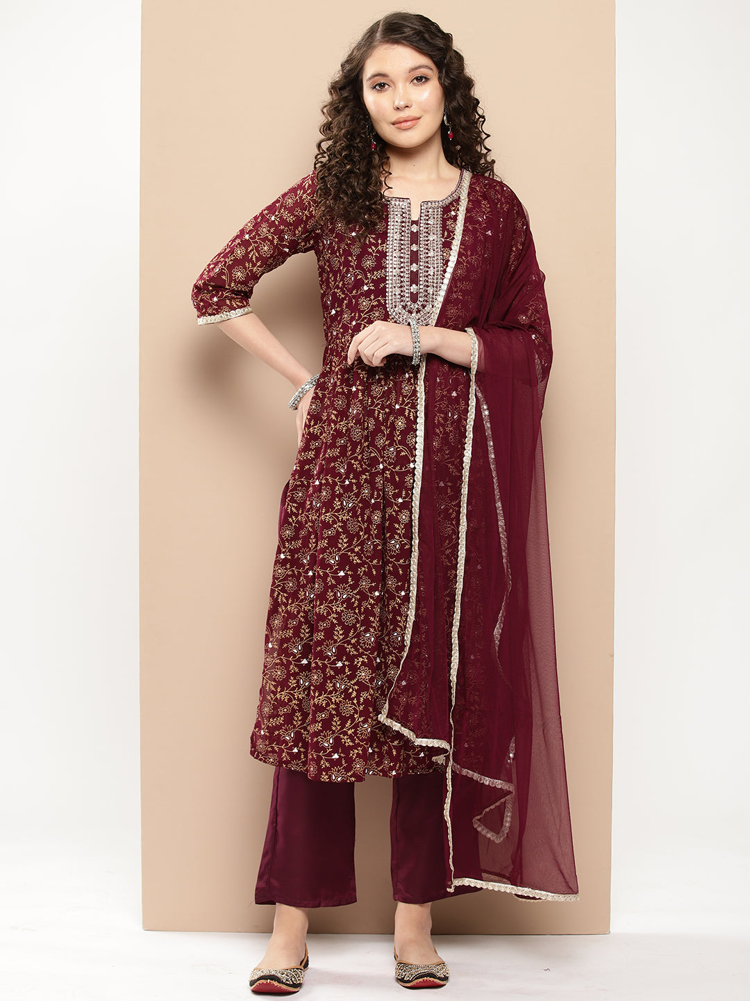 Burgundy Yoke Design Georgette A-Line Kurta With Trousers & Dupatta