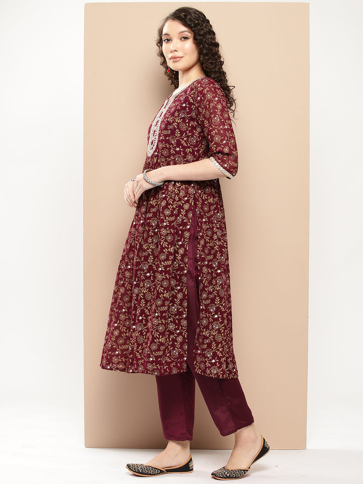 Burgundy Yoke Design Georgette A-Line Kurta With Trousers & Dupatta