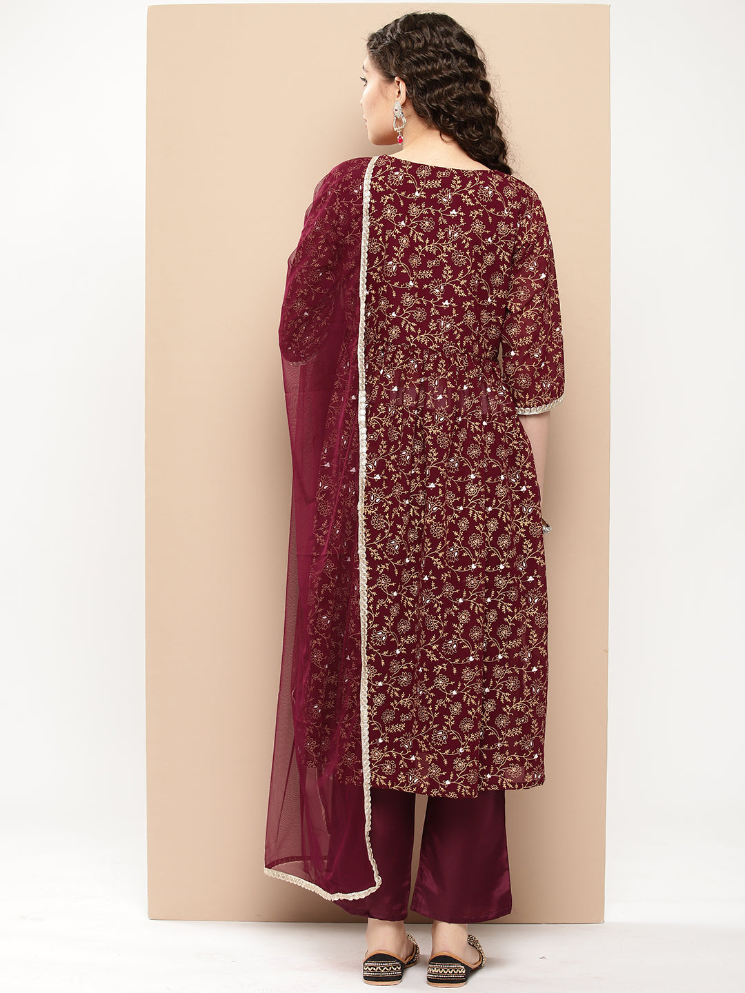Burgundy Yoke Design Georgette A-Line Kurta With Trousers & Dupatta