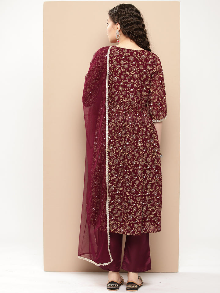 Burgundy Yoke Design Georgette A-Line Kurta With Trousers & Dupatta