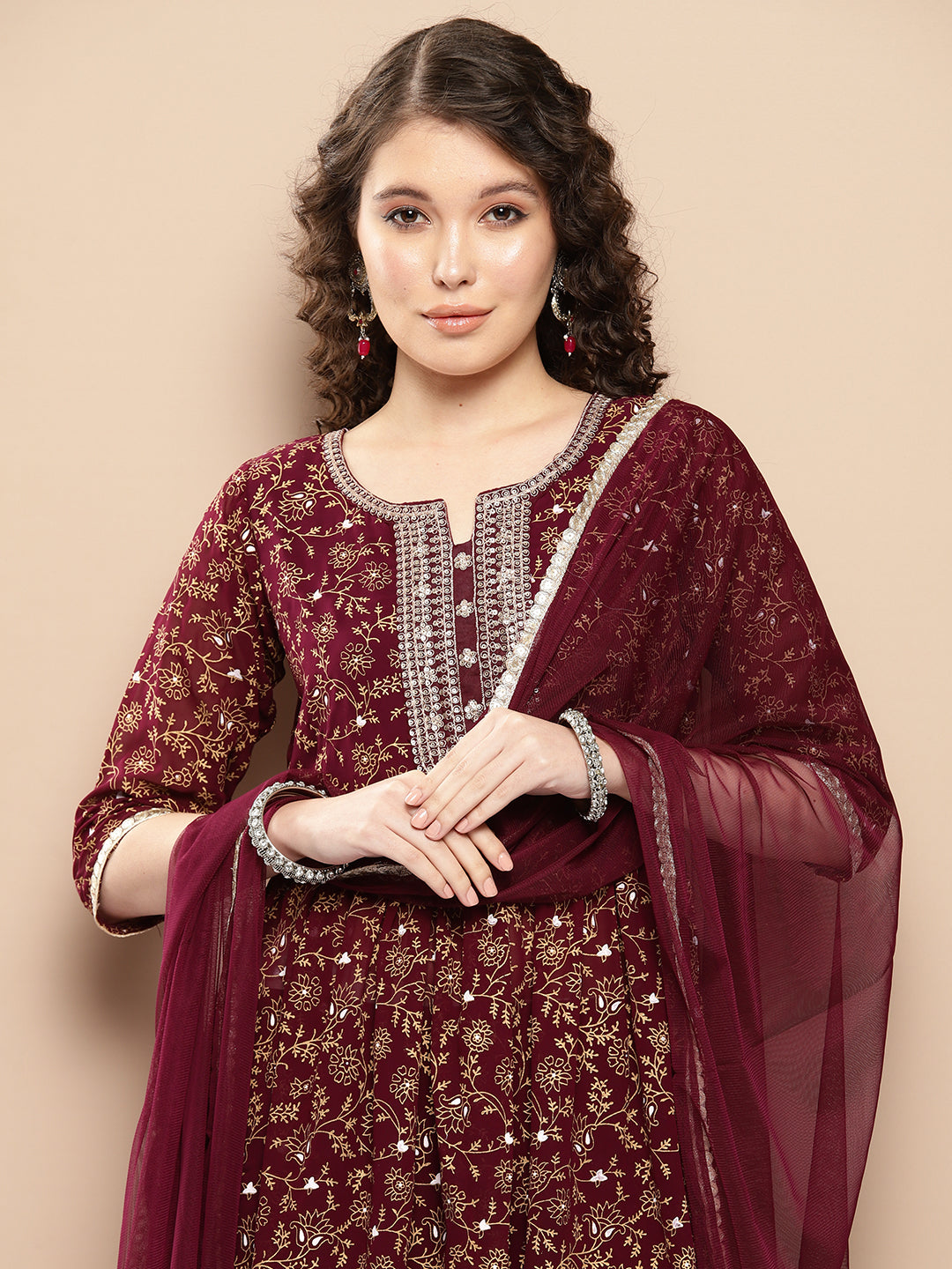 Burgundy Yoke Design Georgette A-Line Kurta With Trousers & Dupatta