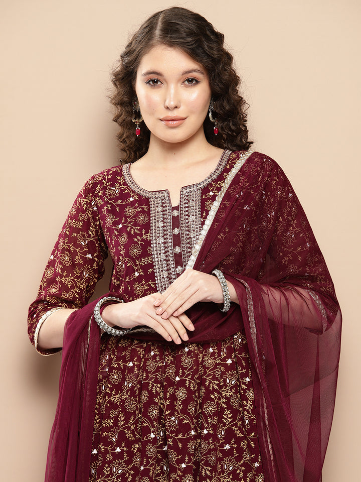 Burgundy Yoke Design Georgette A-Line Kurta With Trousers & Dupatta