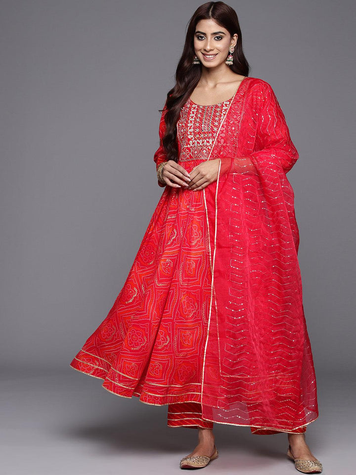 Orange Printed Silk Blend Anarkali Suit With Dupatta