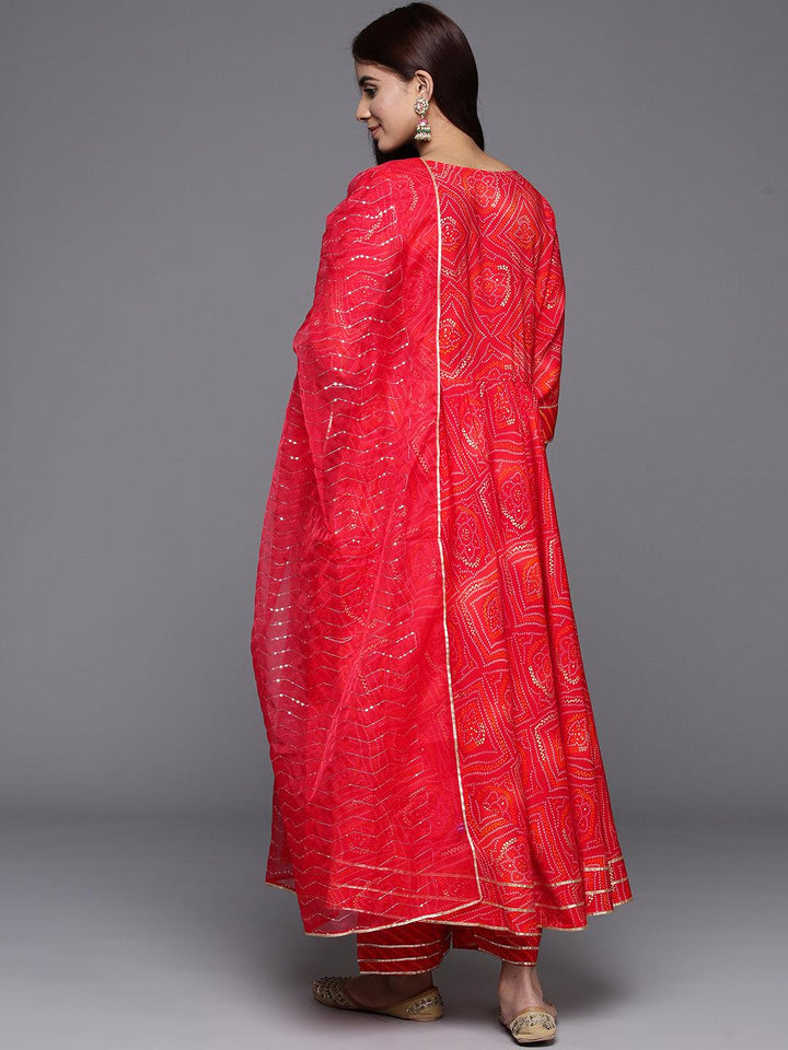 Orange Printed Silk Blend Anarkali Suit With Dupatta