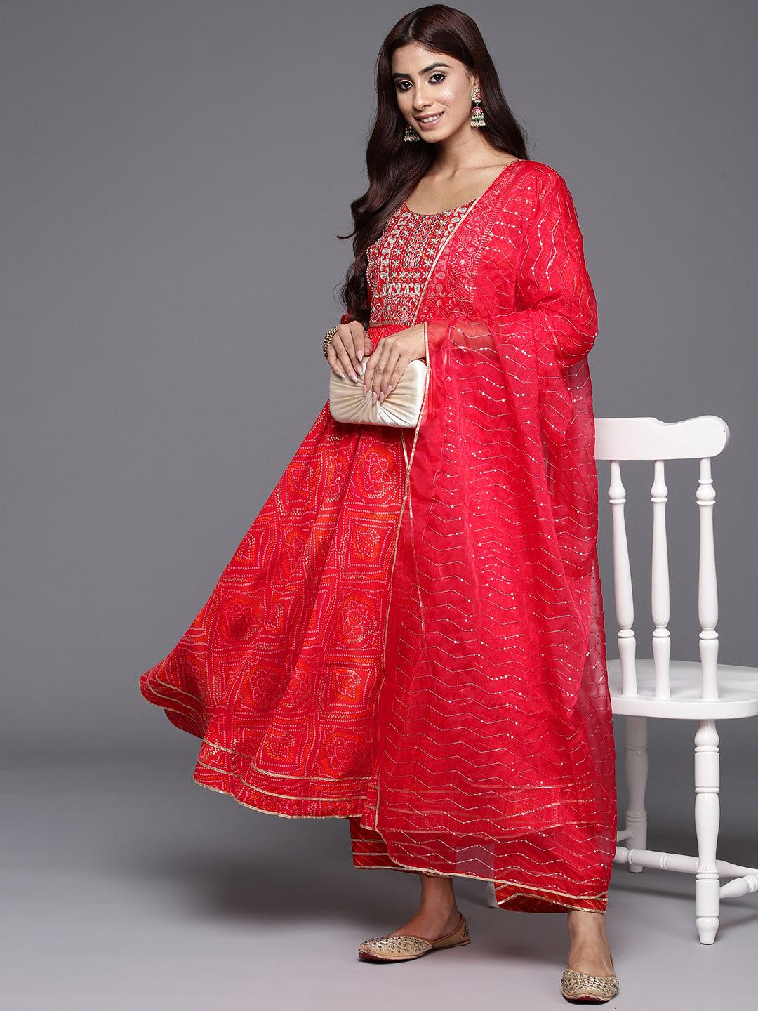 Orange Printed Silk Blend Anarkali Suit With Dupatta - Main Image