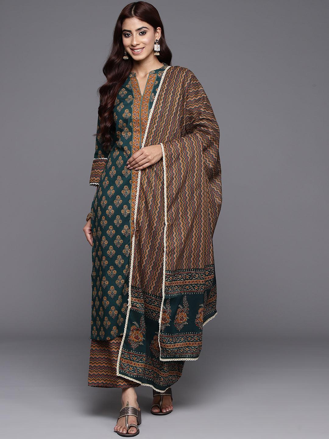 Green Printed Cotton Straight Kurta With Palazzos & Dupatta - ShopLibas