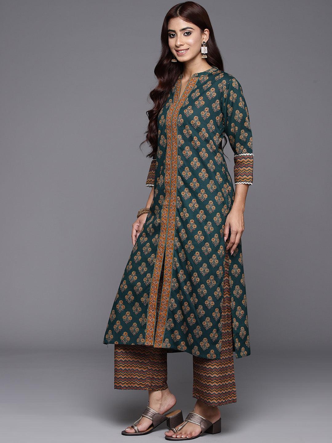 Green Printed Cotton Straight Kurta With Palazzos & Dupatta - ShopLibas