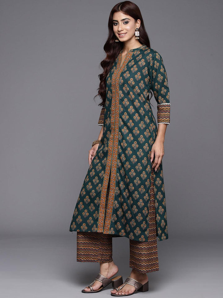 Green Printed Cotton Straight Suit With Dupatta