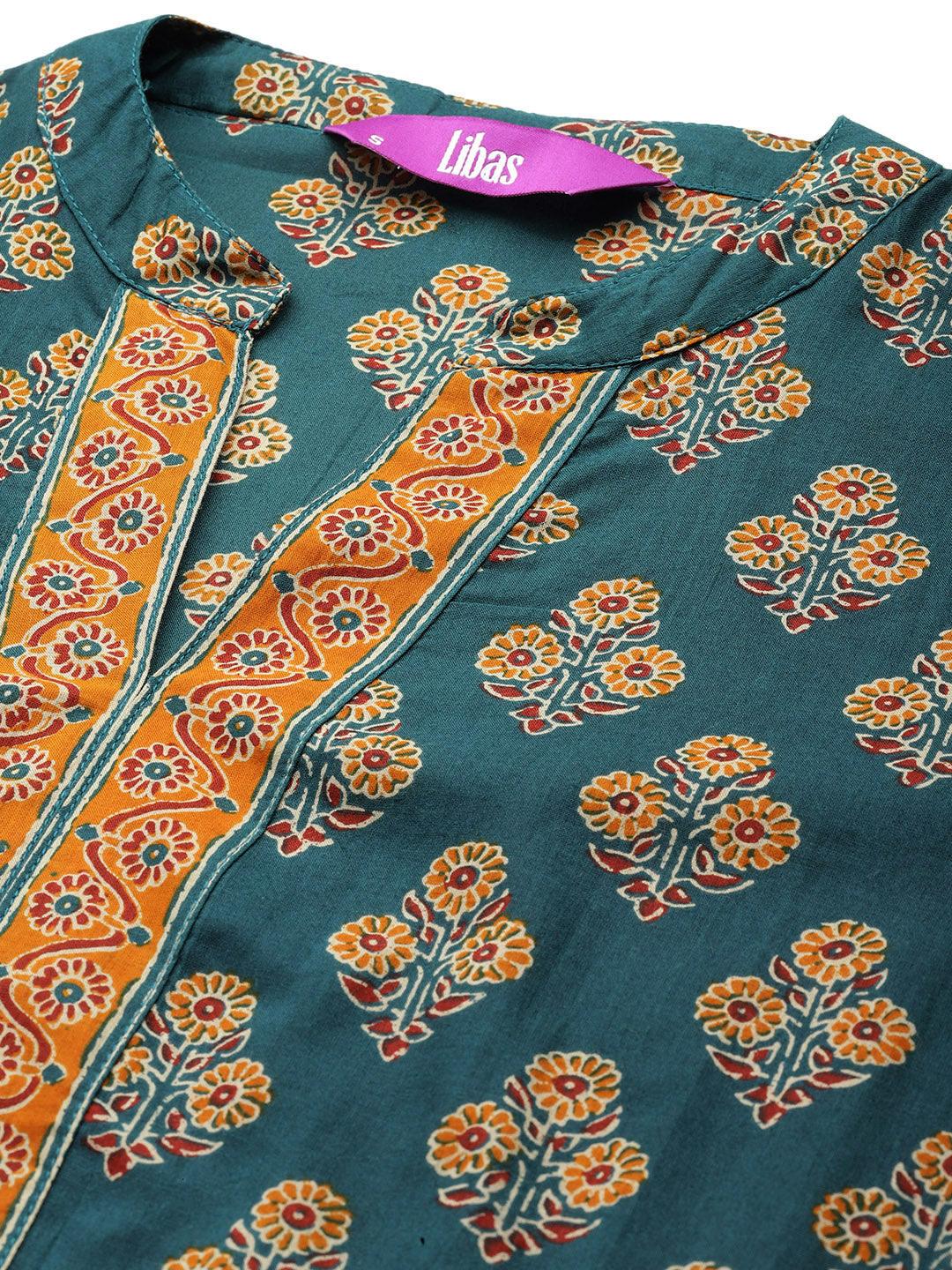 Green Printed Cotton Straight Kurta With Palazzos & Dupatta - ShopLibas