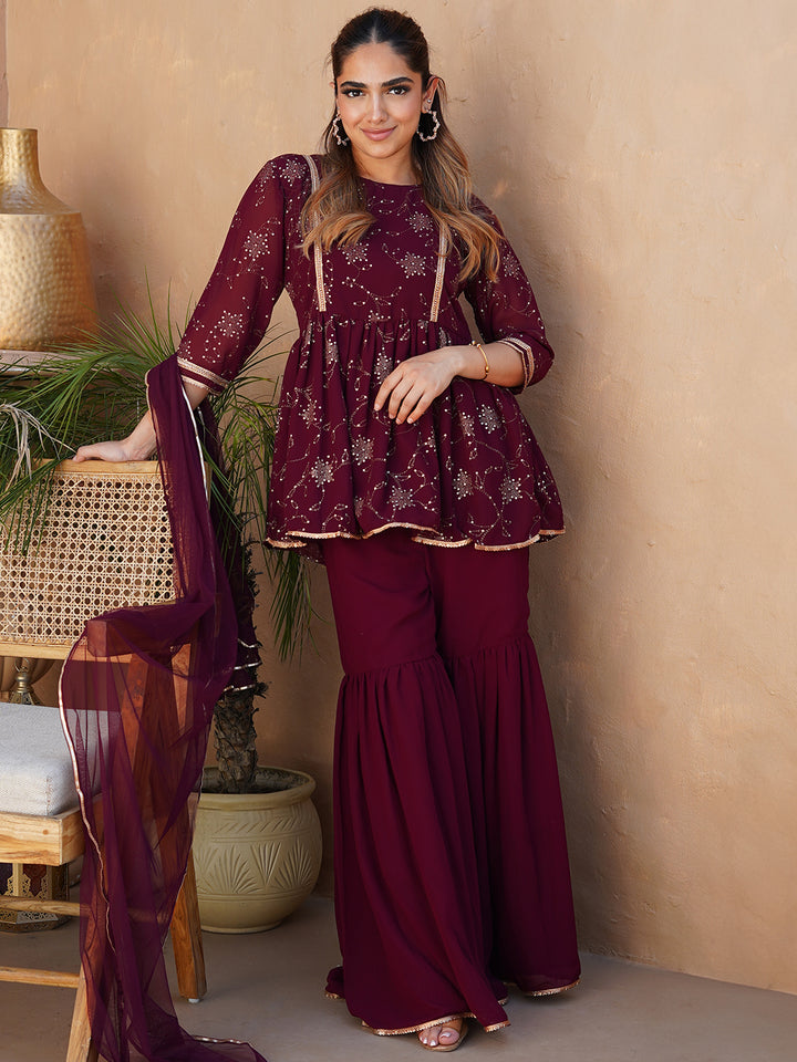 Wine Embroidered Georgette A-Line Kurti With Sharara & Dupatta
