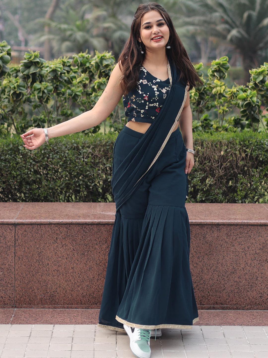 Blue Embellished Georgette Stitched Saree - ShopLibas