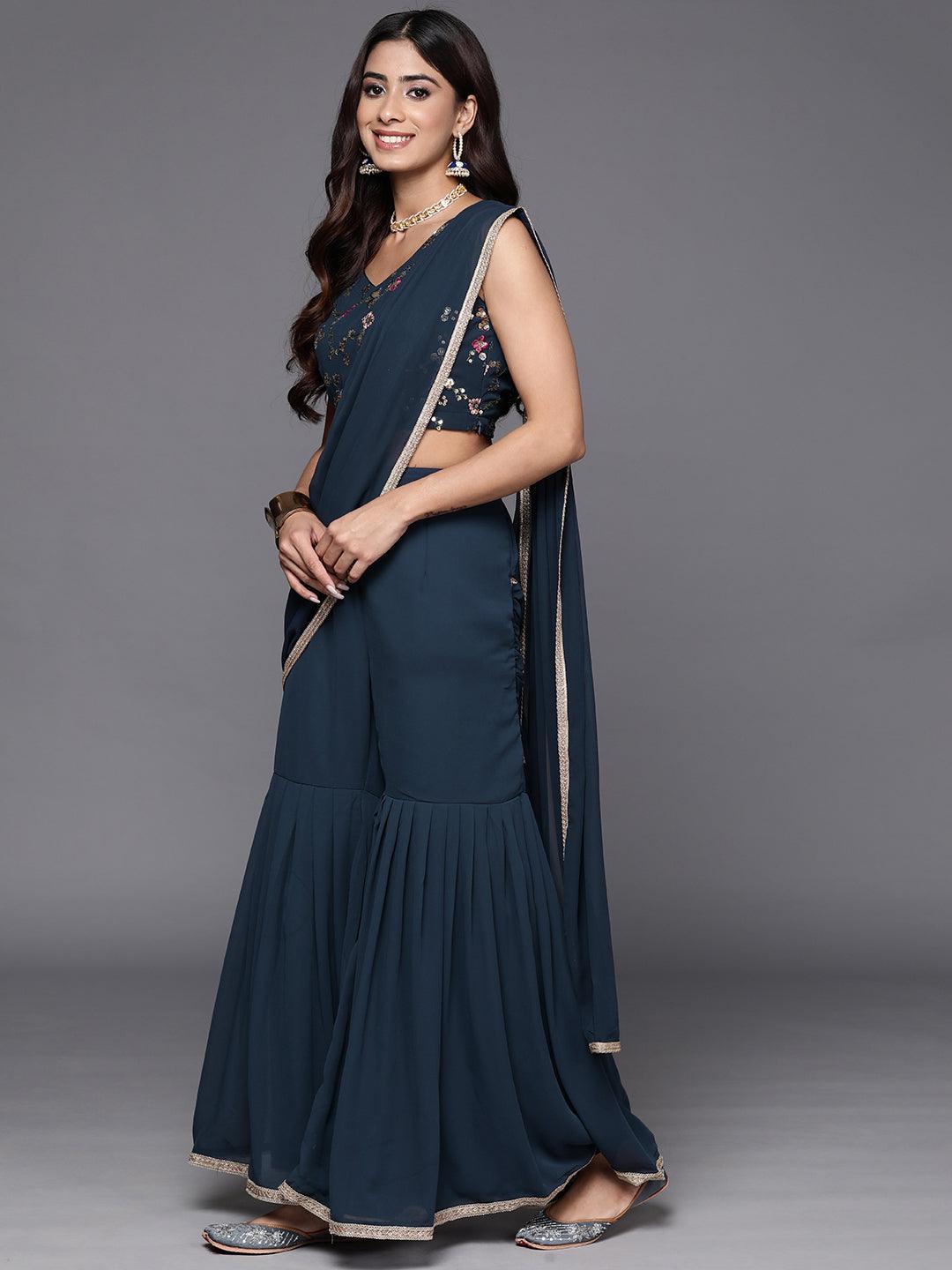 Blue Embellished Georgette Stitched Saree - ShopLibas