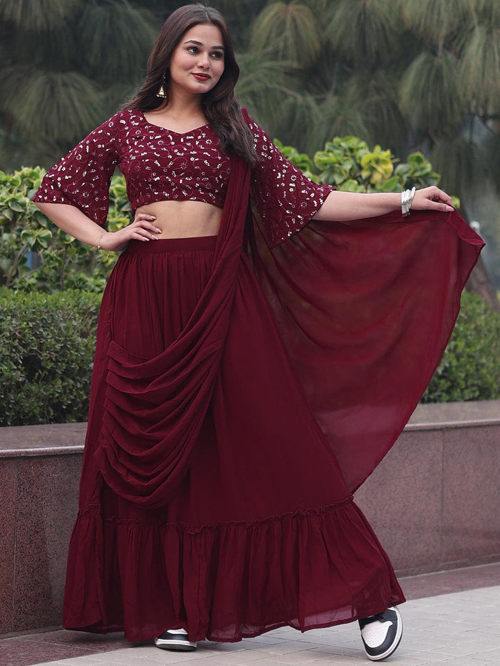 Maroon Embroidered Georgette Saree