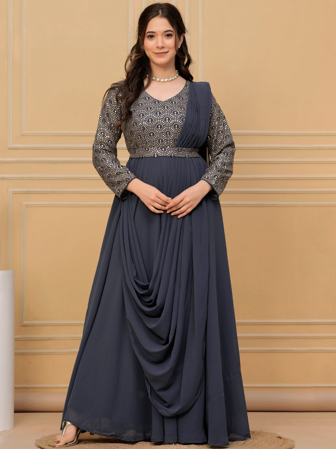 Buy Grey Embroidered Georgette Gown Dress Online in USA at $57.00