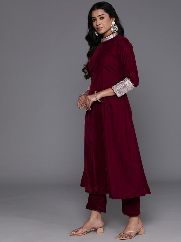 Maroon Embroidered Velvet A-Line Kurta With Trousers & Dupatta