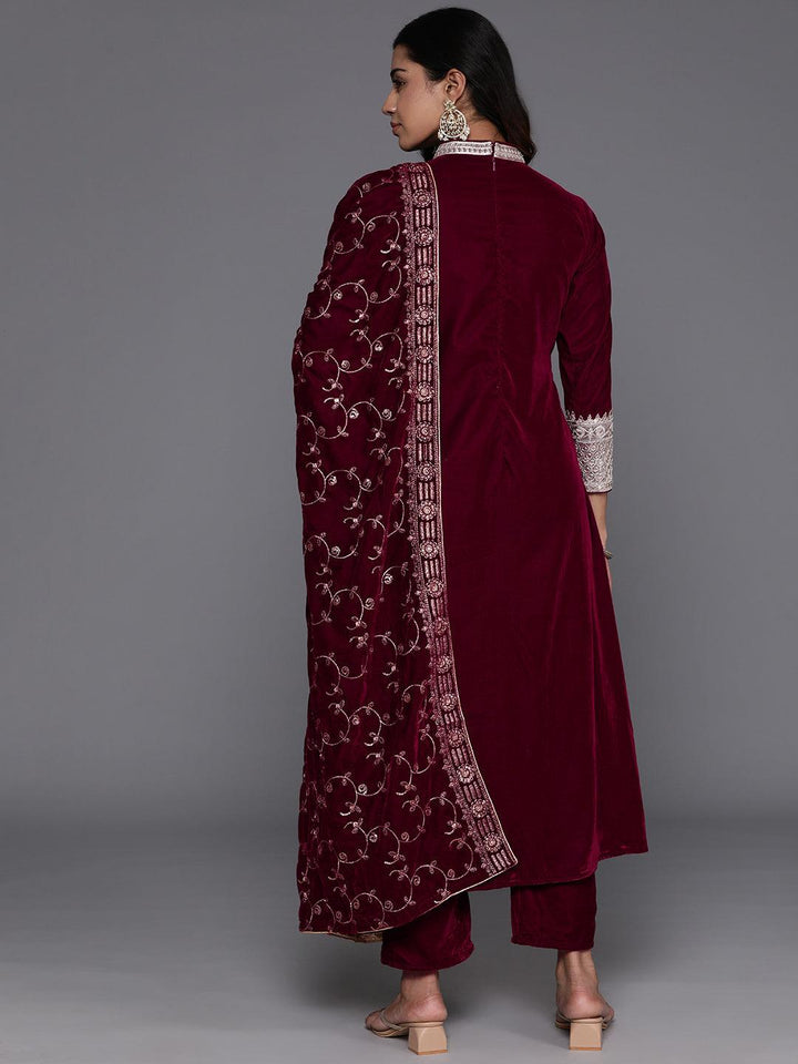 Maroon Embroidered Velvet A-Line Kurta With Trousers & Dupatta