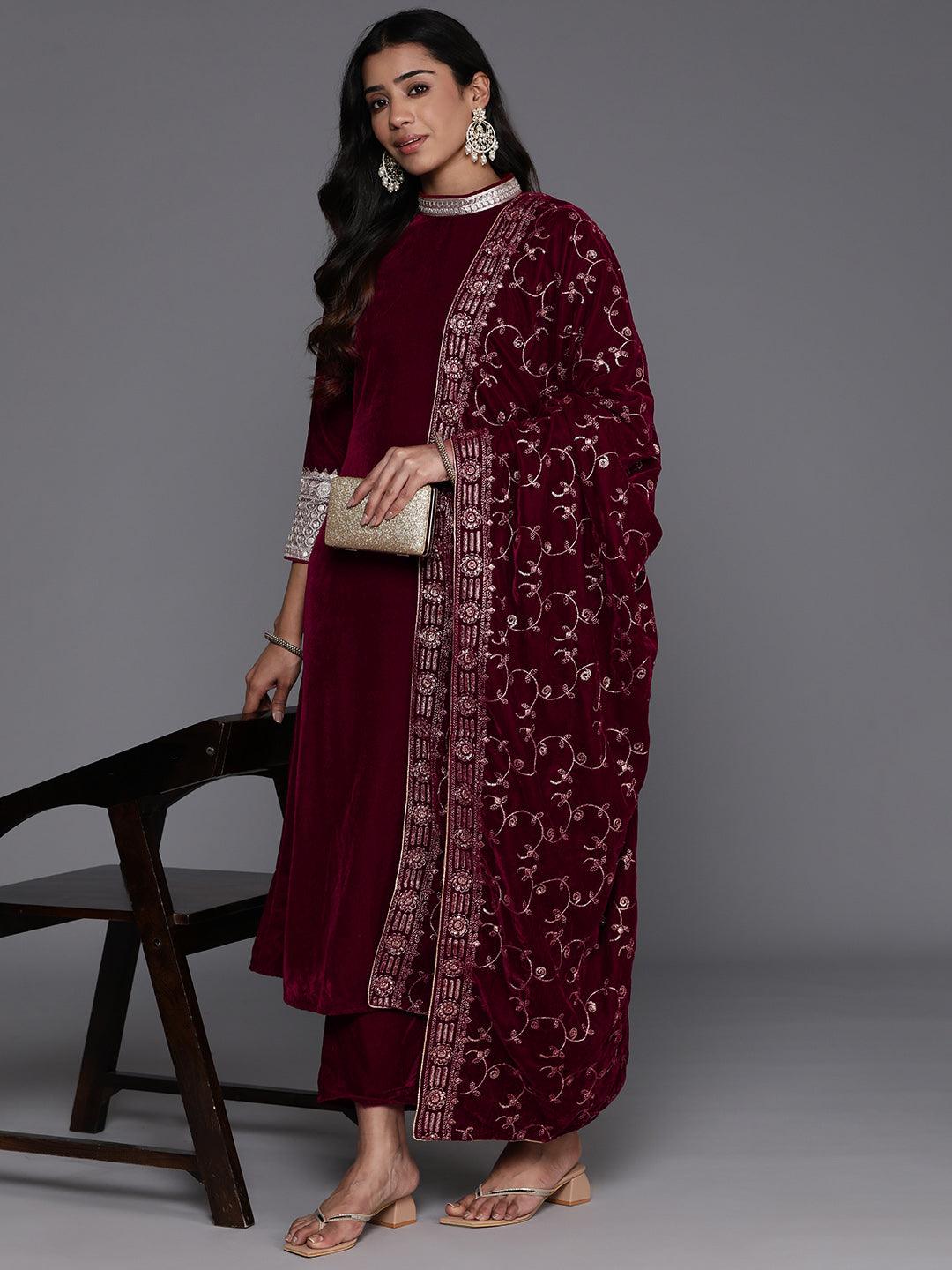 Maroon Embroidered Velvet A-Line Kurta With Trousers & Dupatta