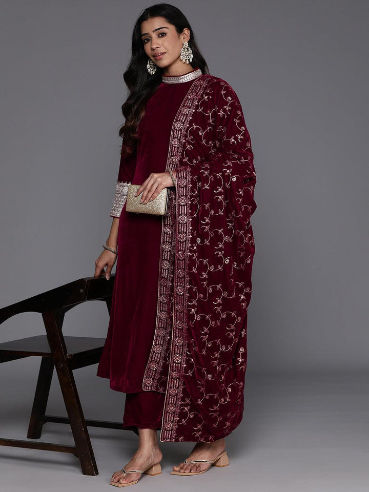 Maroon Embroidered Velvet A-Line Kurta With Trousers & Dupatta