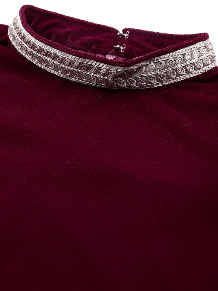 Maroon Embroidered Velvet A-Line Kurta With Trousers & Dupatta