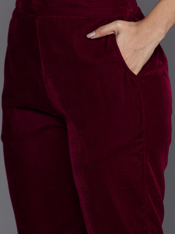 Maroon Embroidered Velvet A-Line Kurta With Trousers & Dupatta