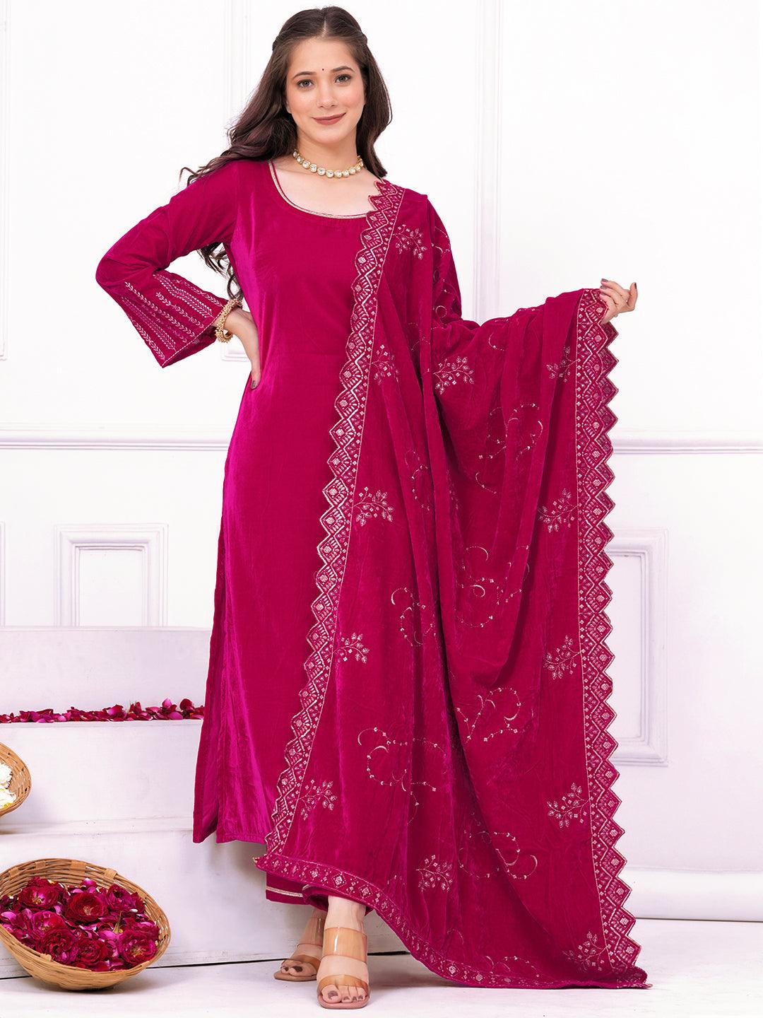 Pink Solid Velvet Straight Kurta With Trousers & Dupatta - ShopLibas