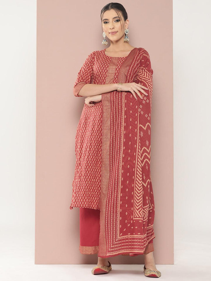 Maroon Printed Cotton Straight Suit With Dupatta