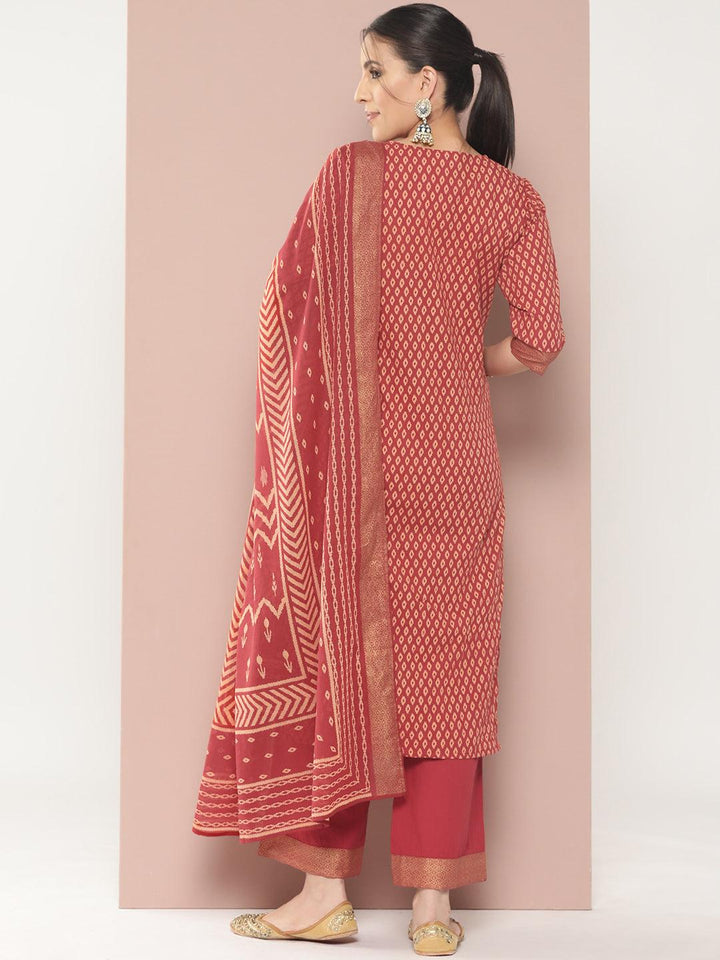 Maroon Printed Cotton Straight Suit With Dupatta