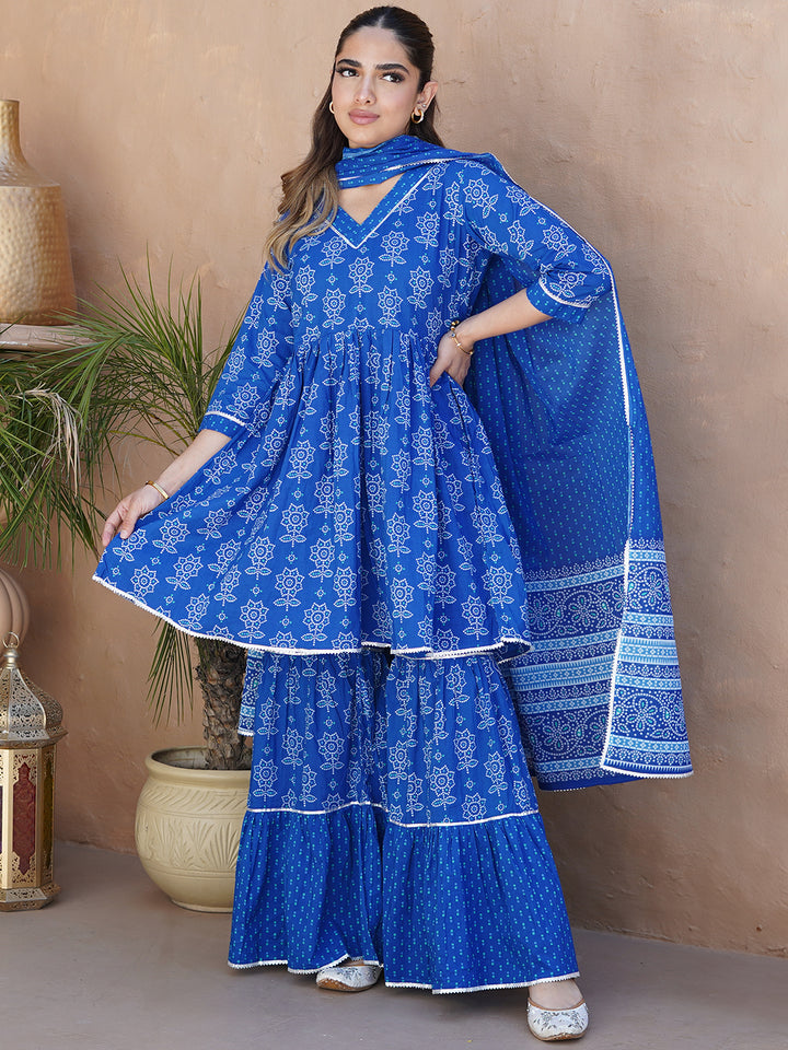 Blue Printed Cotton A-Line Kurti With Sharara & Dupatta