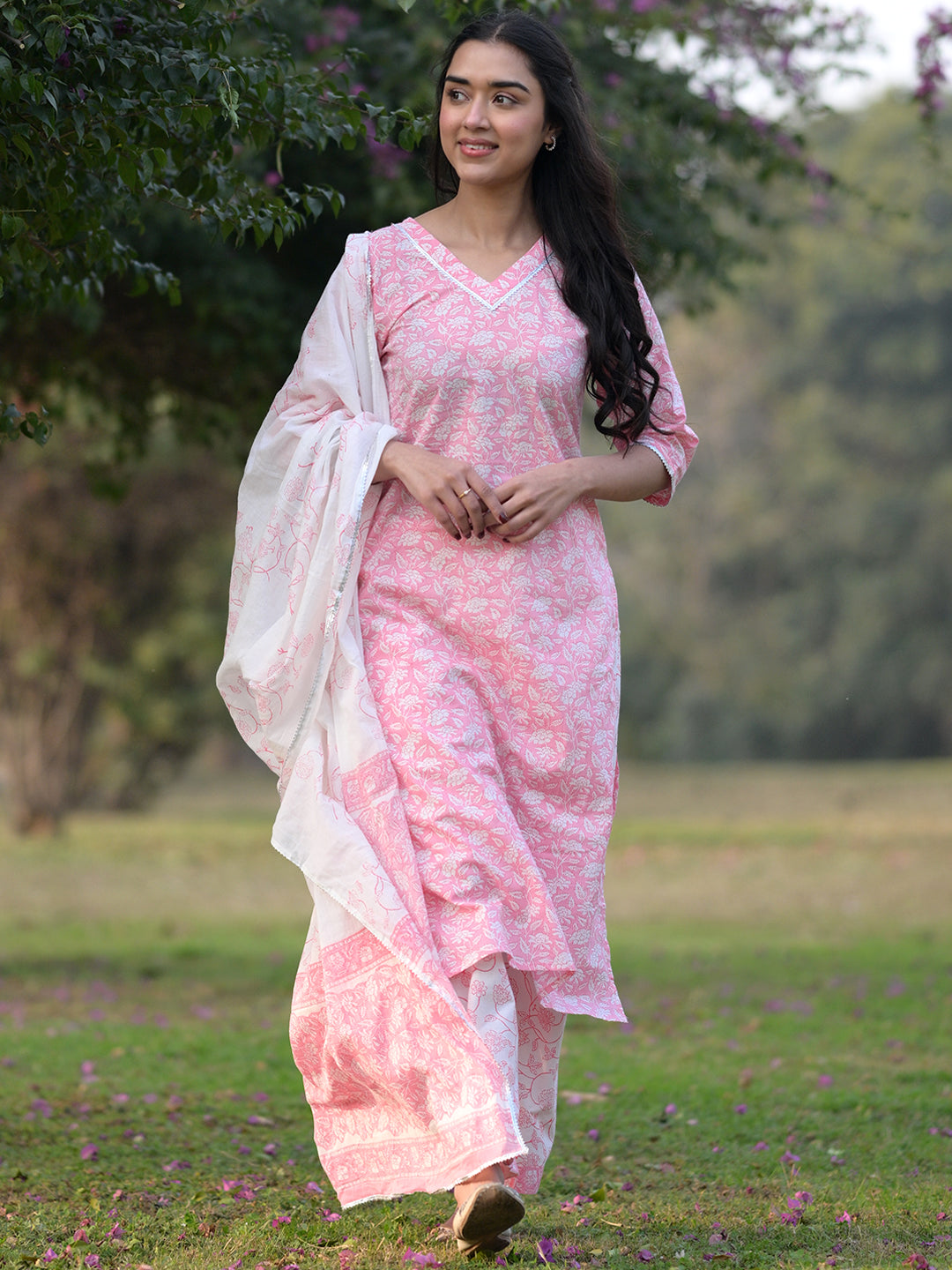 Pink Printed Cotton Straight Suit With Dupatta