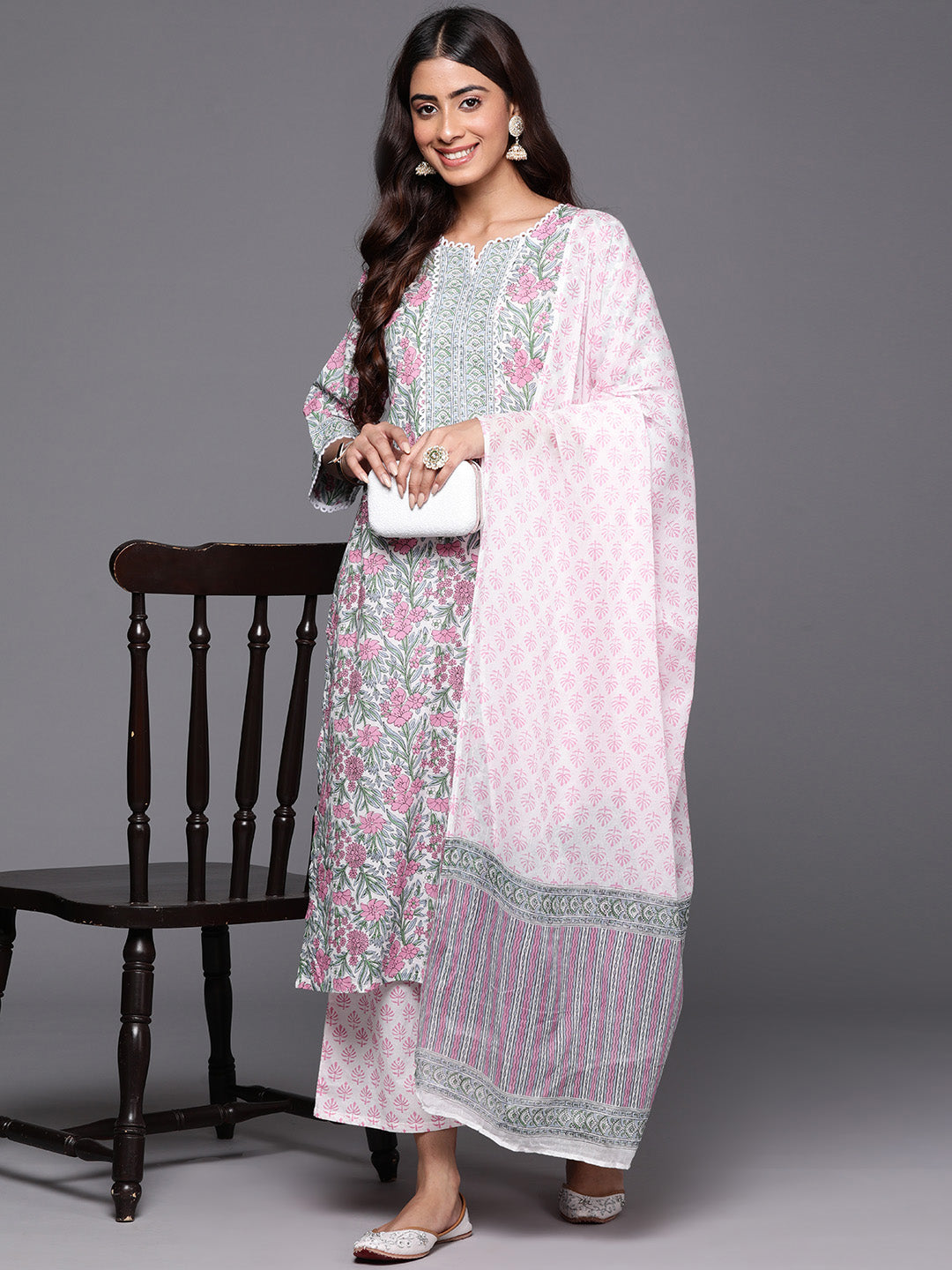 Pink Printed Cotton Straight Suit With Dupatta